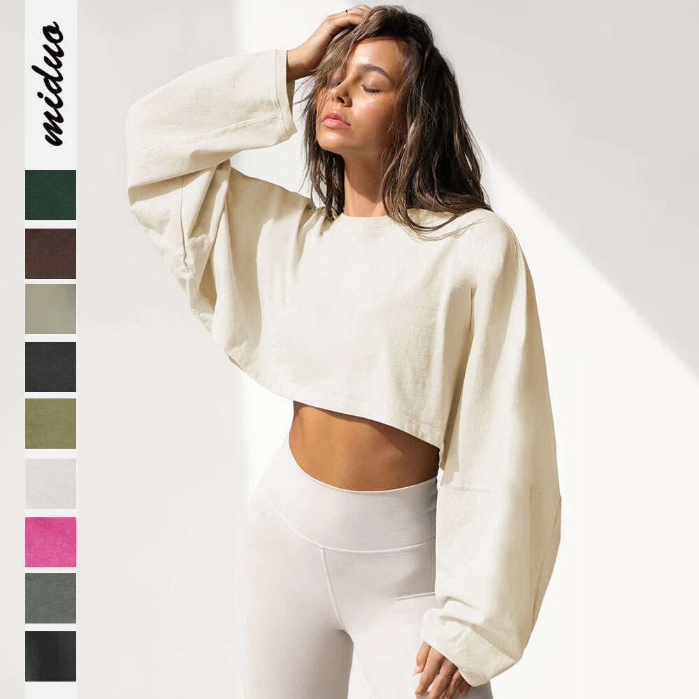 Umbilical Round Neck Sweatshirt, European And American Women's Short Sports Base T-Shirt, Knitted Shirt, Long Sleeved Top
