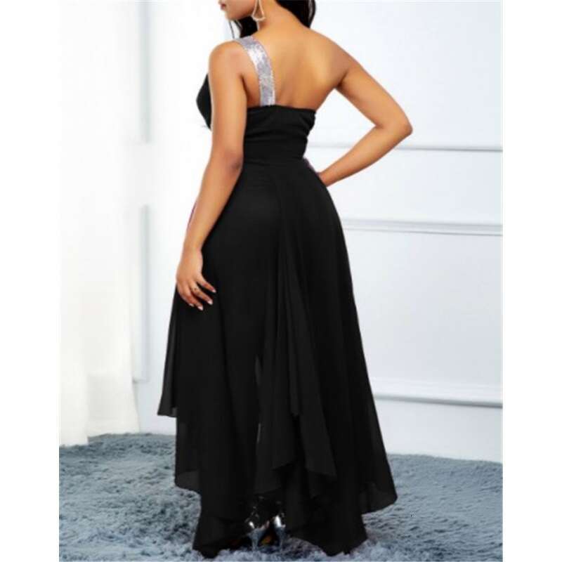 Summer European and American Single Asymmetric Hem Slant Shoulder Dress 2024 New Casual Versatile Fashion Clothing
