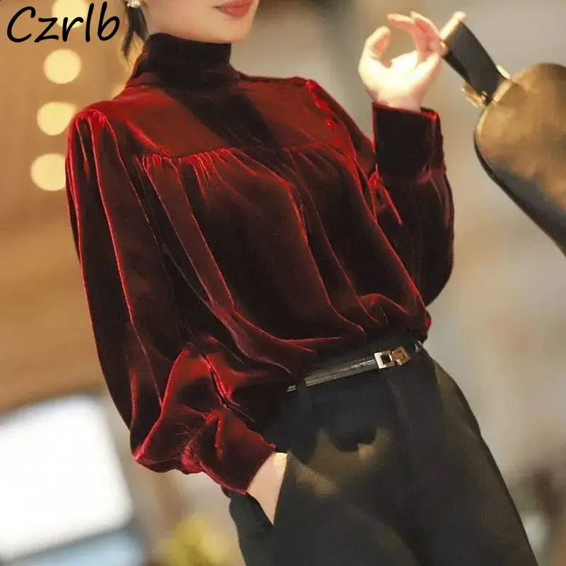 Elegant Turtleneck Blouses for Women Autumn Velvet Stylish Mature Ladies Vintage Folds All-match Long Sleeve Daily Leisure Basic 241213