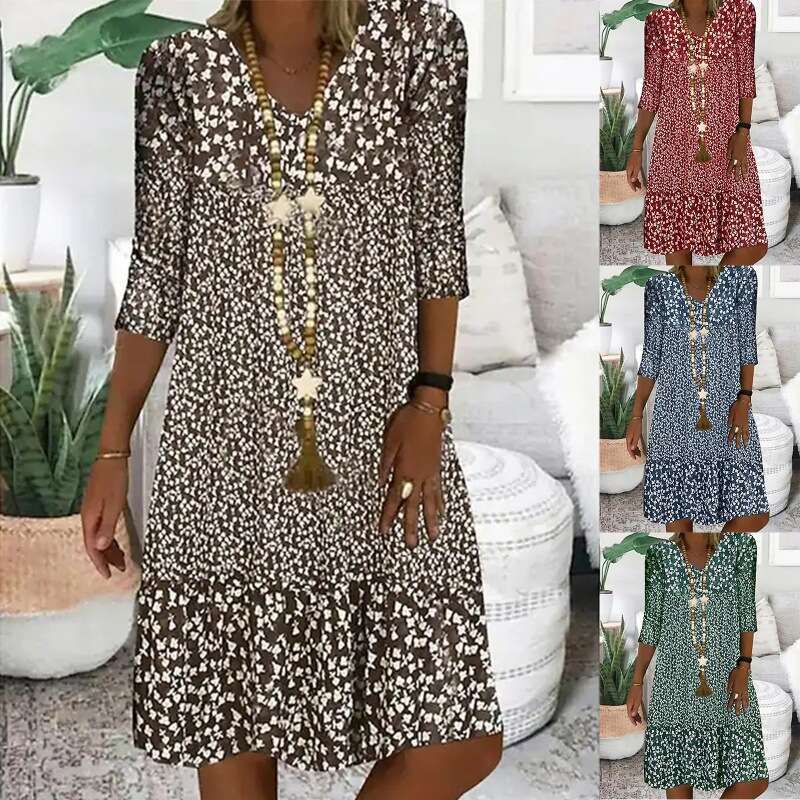 Summer Printed Mid Sleeve V-neck Medium Length Dress for Women 2024 New Casual Versatile Fashion Clothing