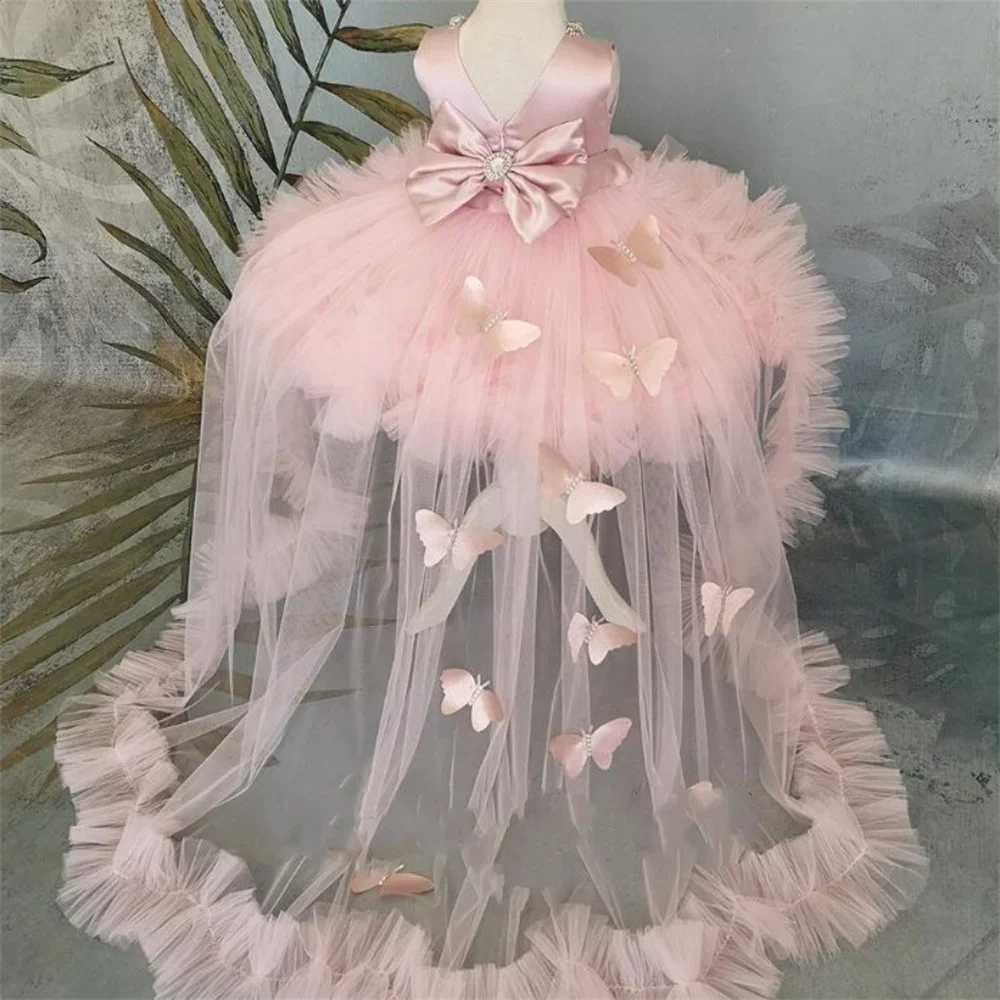 Girl's Dresses Customized Butterfly Flower Girl Dress Puffy Ruffles Child Baby Girl Wedding Bridesmaid Birthday Party First Communion Ball Gown H