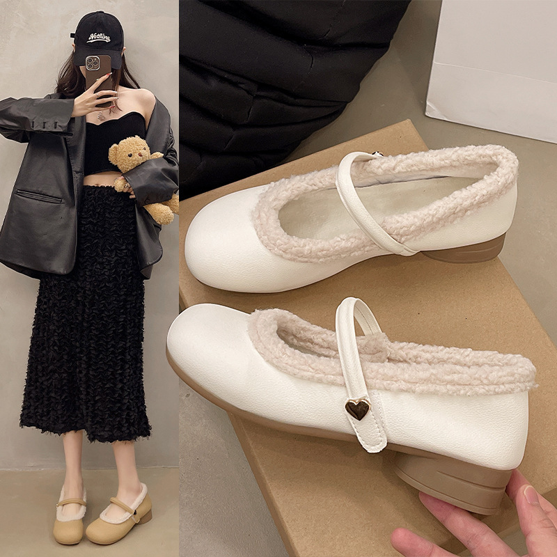 Wholesale low sole velvet Mary Jane shoes, thickened seasonal shoes, square toe single shoes, hairy autumn and winter women's Velcro for warmth