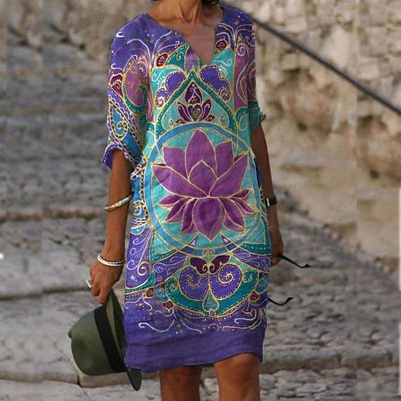 2020 summer print loose bamboo fiber en ral short sleeved women's retro artistic round neck five quarter sleeve 2024 new style chic and elegant c