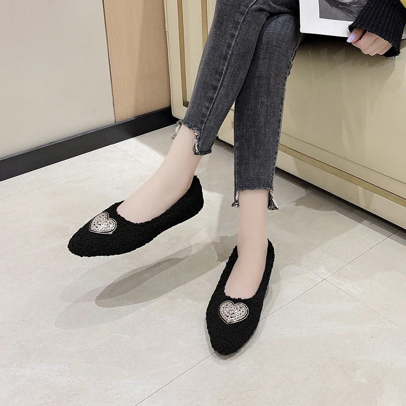 er Women Fur Warm Shoes Fashion Shallow Buckle Ladies Flats Shoes Pointed Toe Spring Autumn Womens Footwear 241213