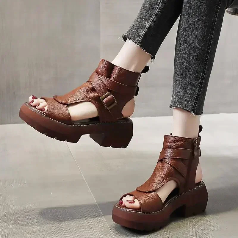 2024 Summer Shoe Sandals Retro Genuine Leather Wedges Platform Peep Toe High Heel Black 241213