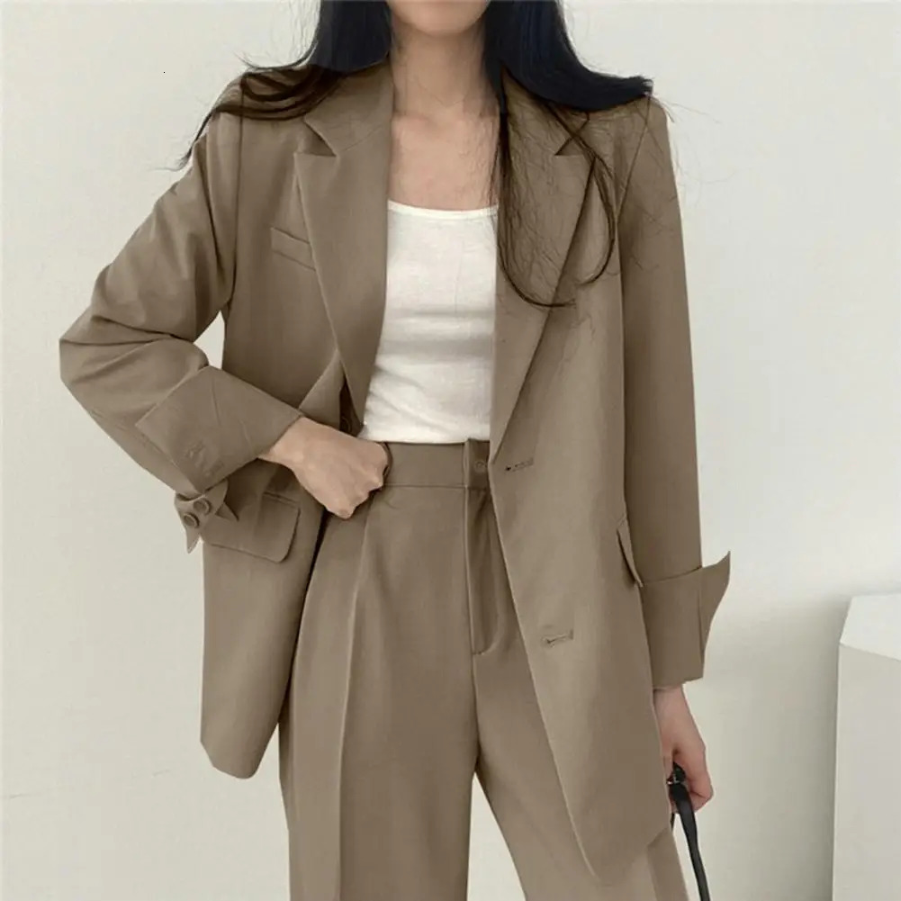 2024 Women Blazer Pants Korean Fashion Open Front Jacket Straight Wide Leg Suit Pant Casual 241212