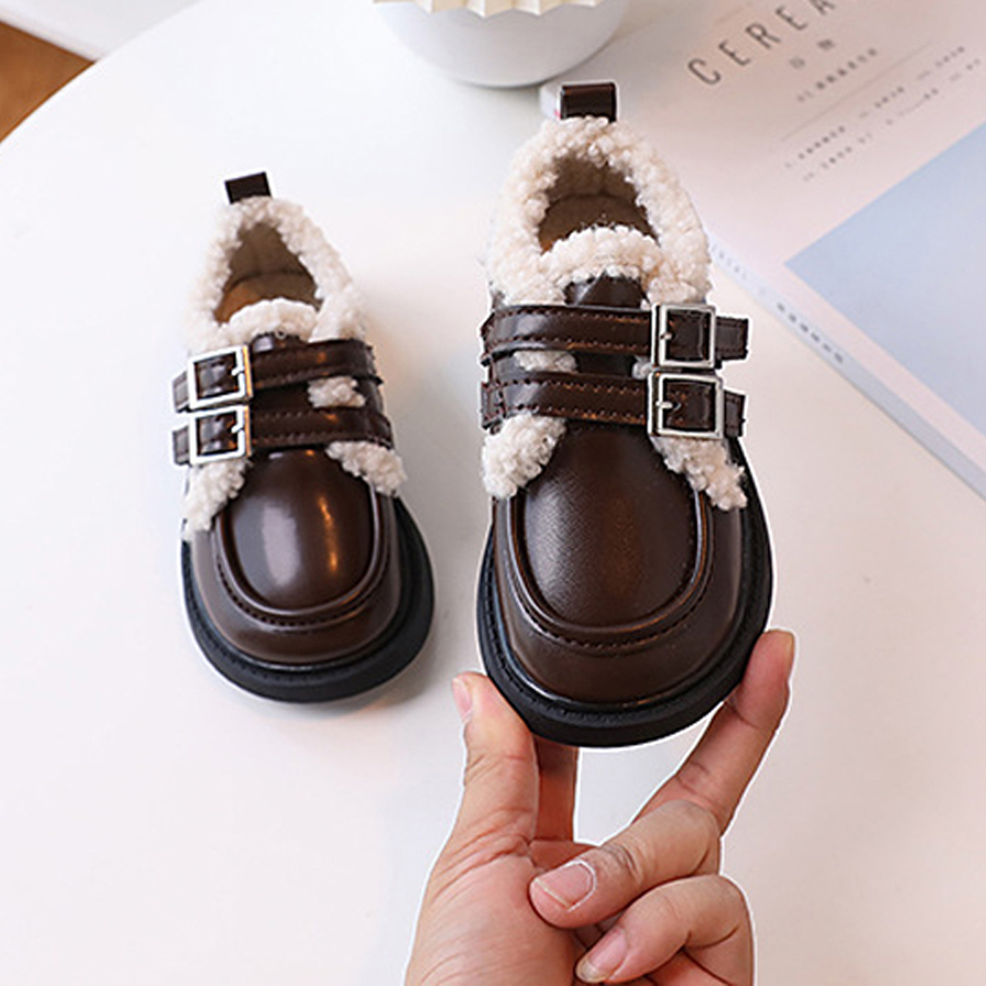 Children Leather Shoes Loafers for Boys Girls Winter Thick Soled Lamb Wool Warm Happysteps Girl Uniform Princess School Cotton Shoes Plush PU Sizes US