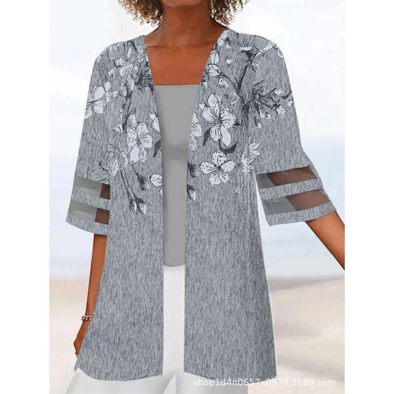 European American Women's Spring and Summer Positioning Printed Mid Sleeve Loose Hemp Small Outer Coat 2024 New Casual Fashion Trendy Clothing