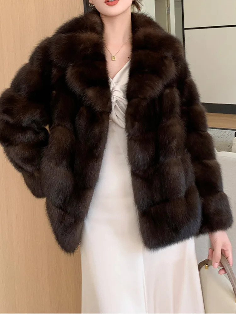 DEAT Fashion Womens Faux Fur Coat Vneck Long Sleeves No Placket Thickening Warm Pockets Overcoat Winter 7AB2642 241121