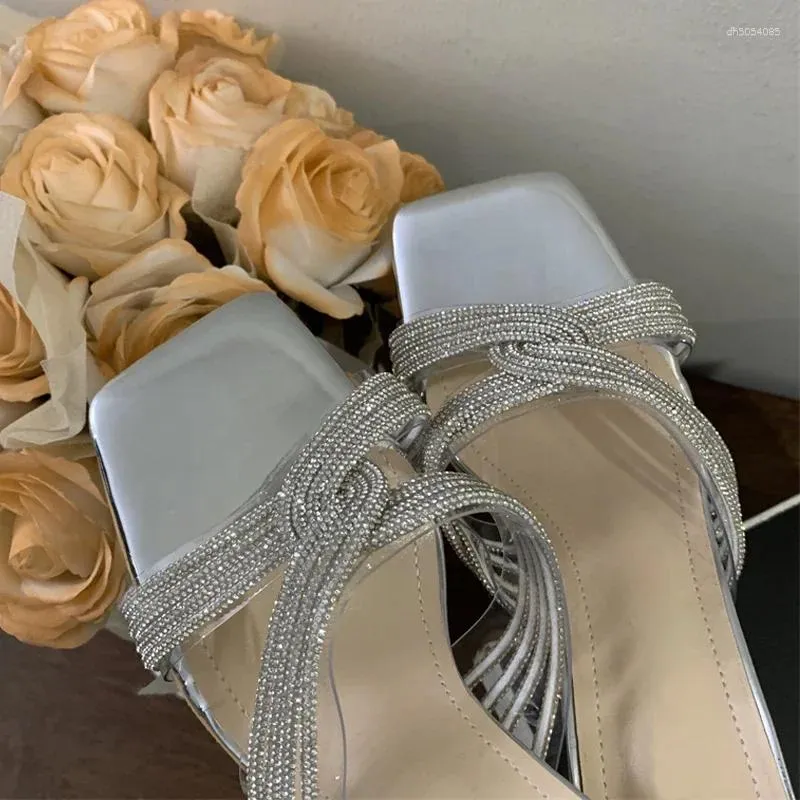 Slippers 2025 Summer Sexy PVC Transparent Open Toe Crystal Narrow Band Women Banquet Low Heels Shoes atos Mujer