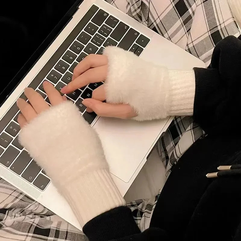 Womens mink half finger gloves for winter warmth pure color plush knitted fingerless 241212