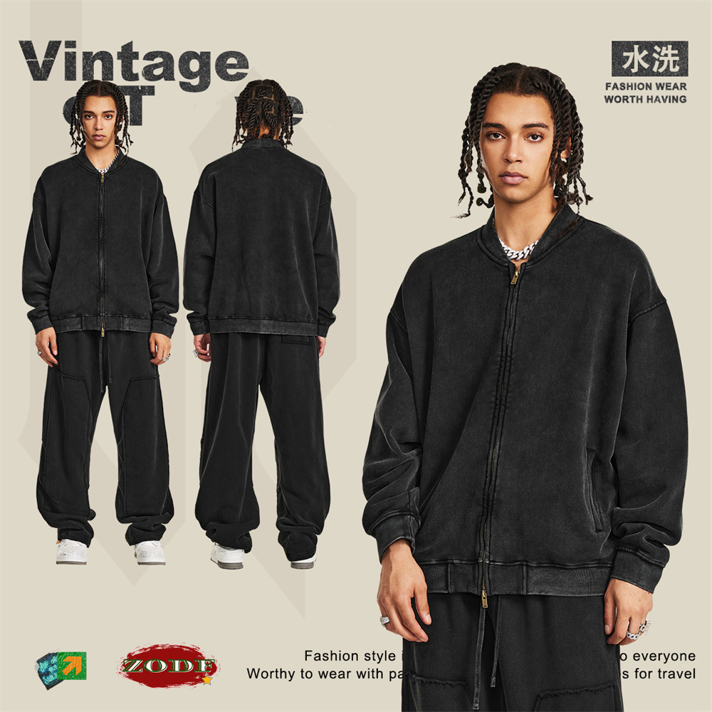 Retro Winter Washed Black Fleece Jackets For Men Unisex Oversized 332Gsm Zipper Coats Hoodie Outwears