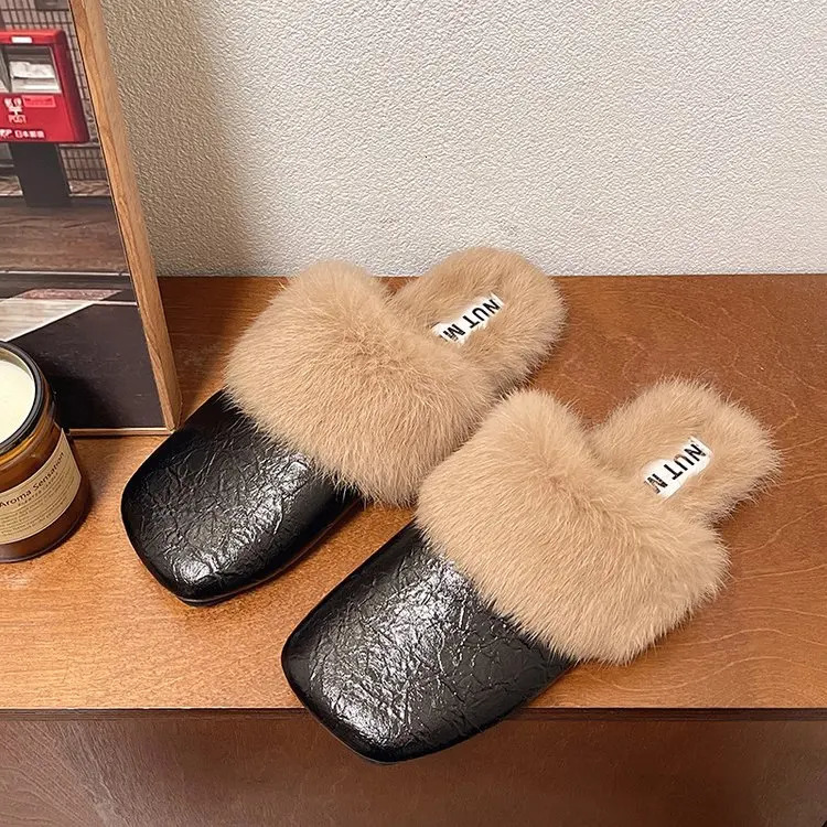 Fur mule shoes womens slippers warm home apartment cotton shoes 2024 winter trend fashionable flip cover casual plush Zapatos women 241213