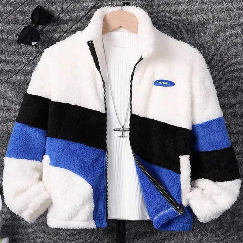 Autumn And Winter Boys Cute Cold And Warm Plush Color Contrast Panel Zipper Jacket Coat For Daily Casual Birthday Par ClothingXJ241214