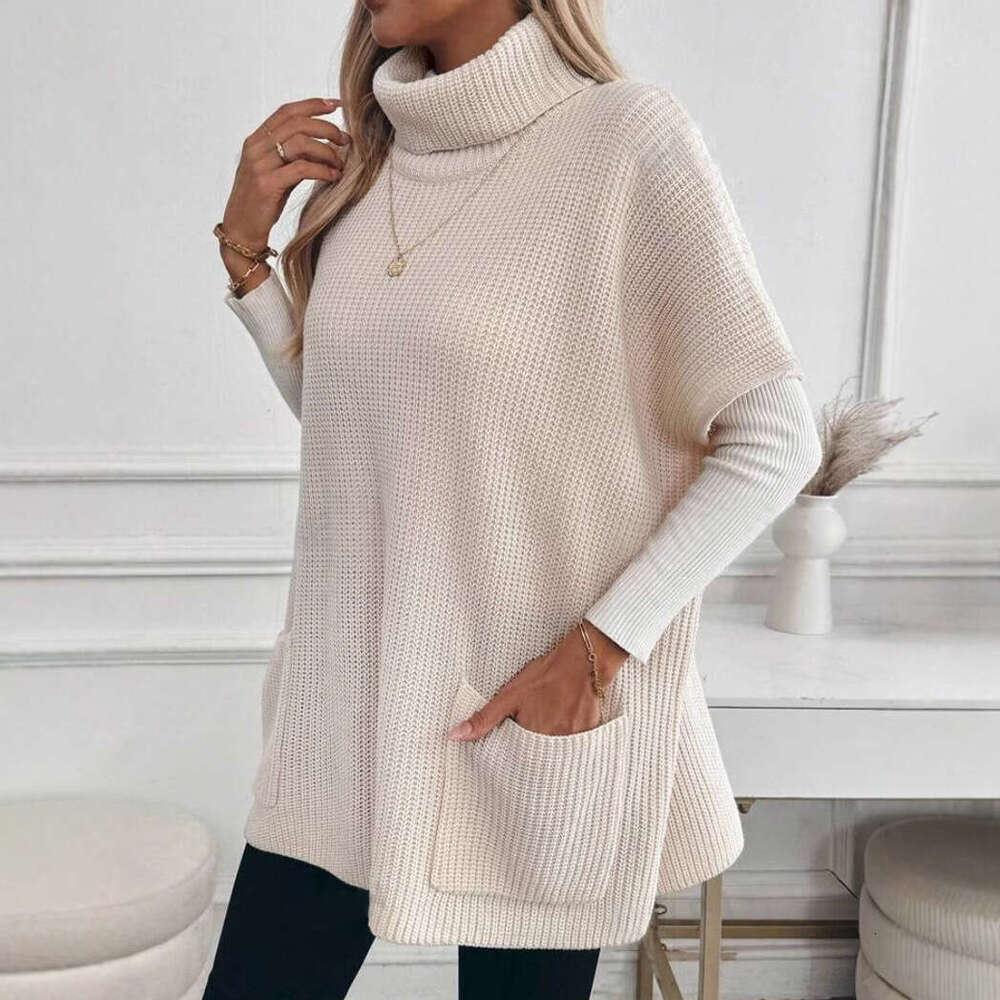 New Autumn Clothes From Europe And America, Women's Knitted Sweaters, Popular High Necked Loose Pockets
