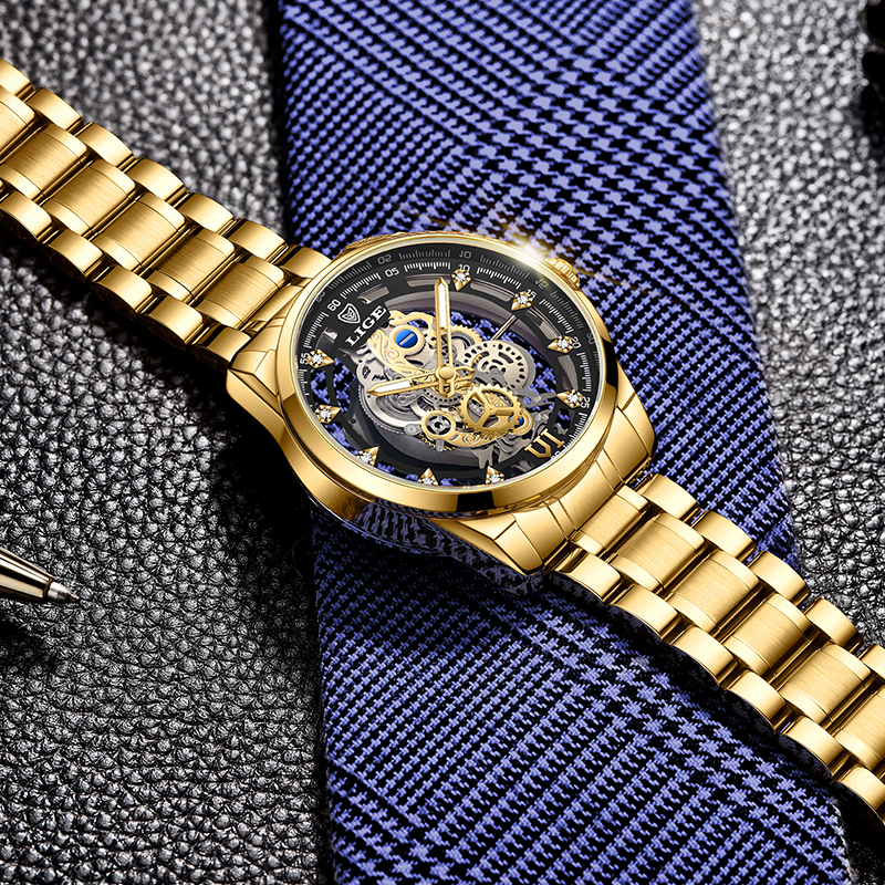 LIGE New Men Watch Skeleton Quartz Wristwatch Gold Skeleton Retro Man Watch Top Brand Luxury Clock Mens Watches Reloj