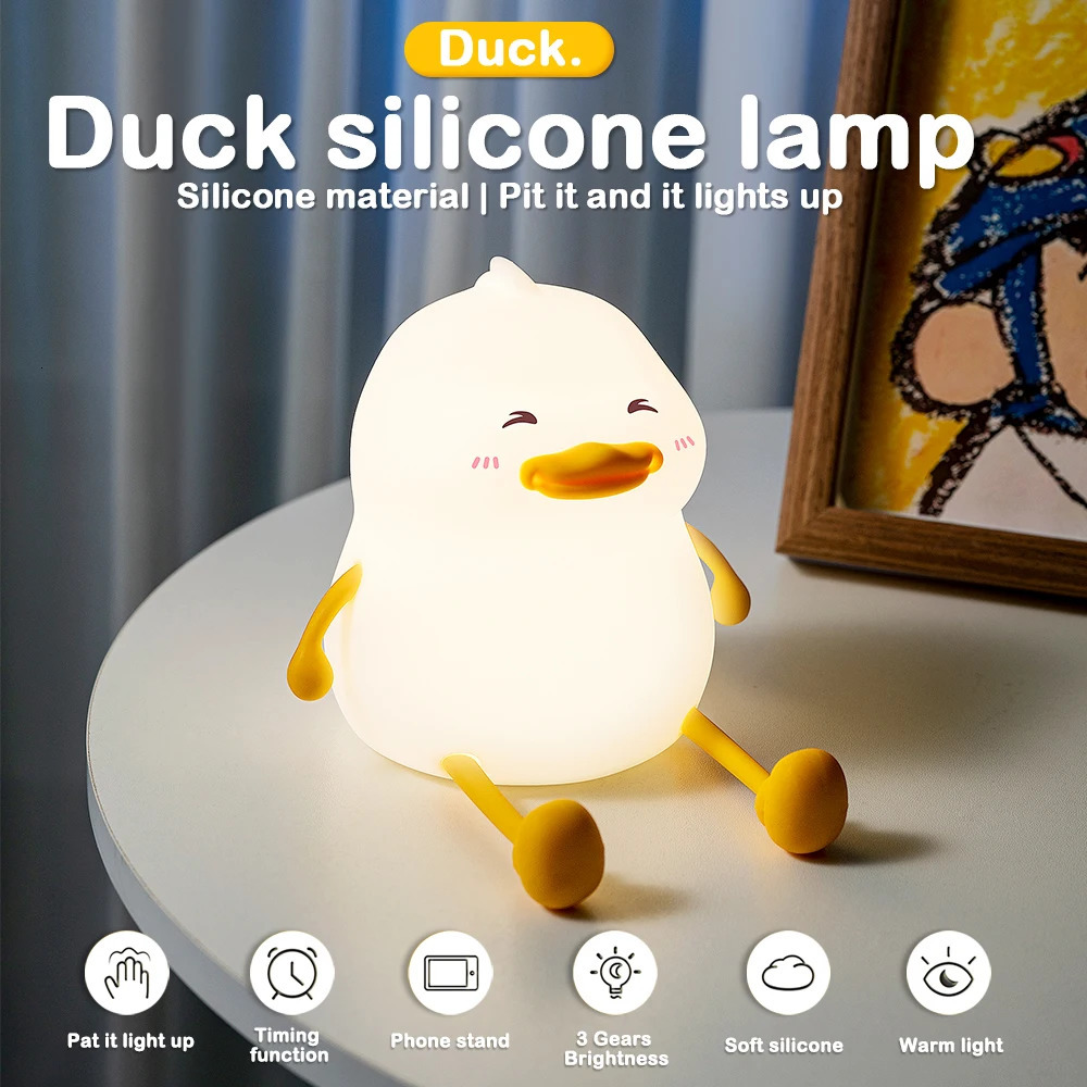 Cute Duck Night Light Silicone Nursery Bear Sleeping Lamp Rechargeable Dimmable Table Lamp with Touch Sensor for Bedrooms 241216