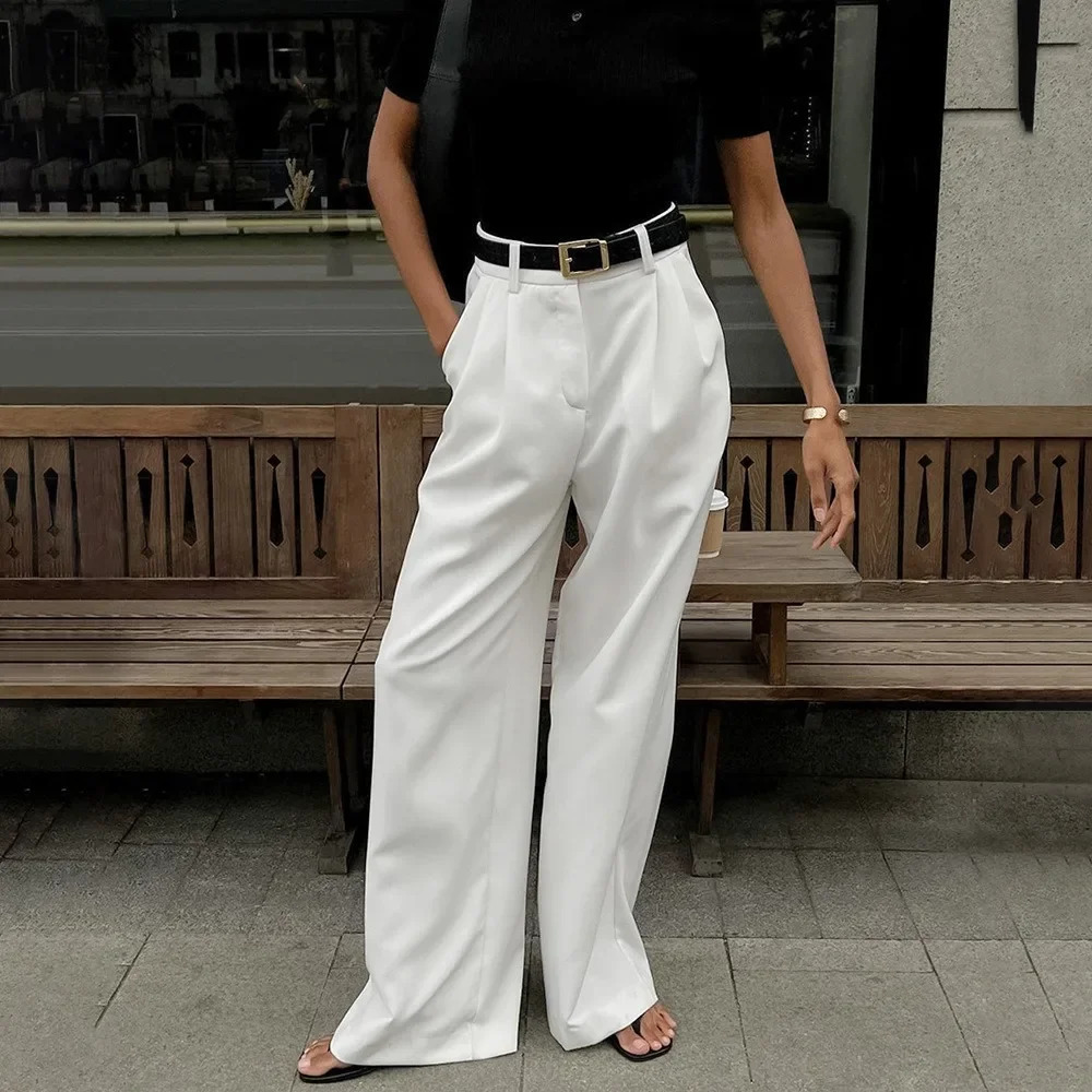 Lightweight white womens wide leg pants with spring and autumn temperature Versatile Commuting casual high waisted straight 241212