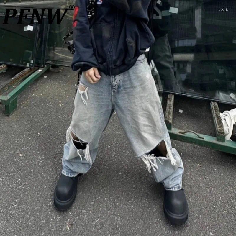 2025 S Fashion Designer Men S Jeans PFNW High Street Korean Trendy Washed Knee Cutting Hole Distressed Straight For Men Loose Denim Pants W