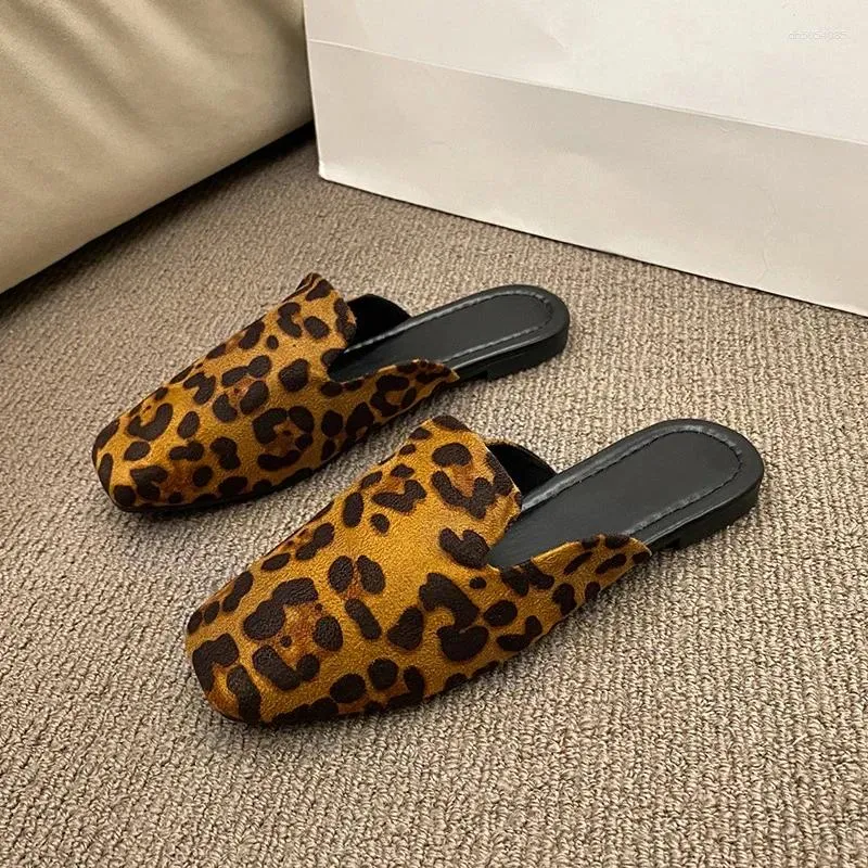 Slippers Leopard Women Mules Shoes Flats Suede Summer 2024 Square Toe Designer Outdoor Sandals atos Mujer Slides