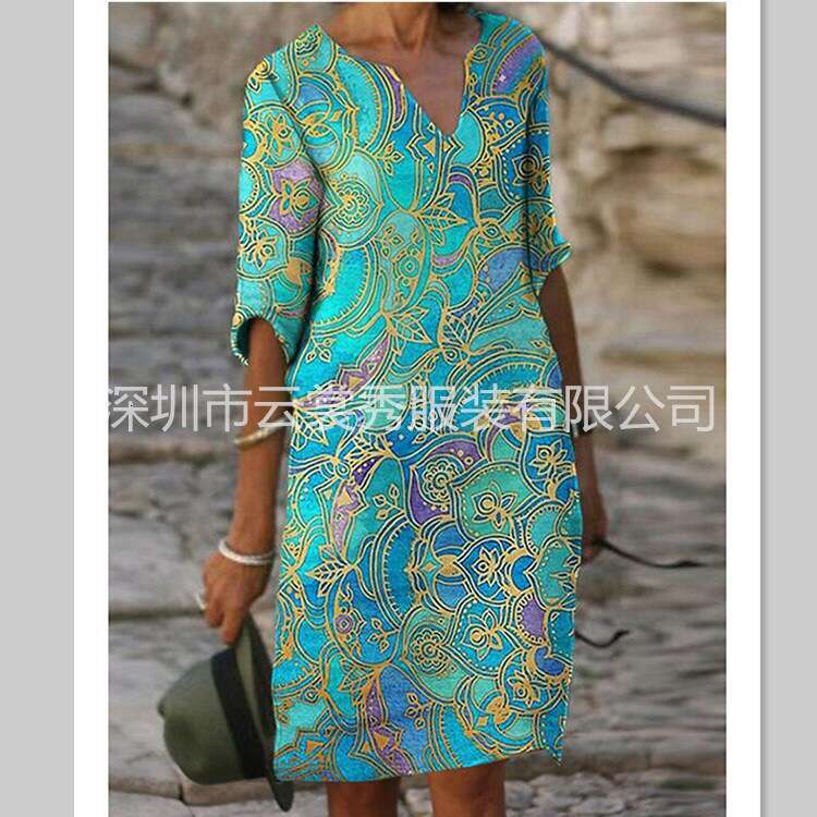 2020 summer print loose washed cotton floral short sleeved women's artistic round neck five quarter sleeve 2024 new casual versatile fashion clot