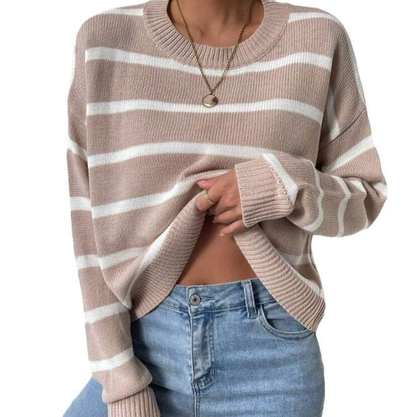 European And American Round Neck Pullover, Long Sleeved Knitted Sweater, Striped Casual Autumn Clothes, Women's Fashion Quality, Classic