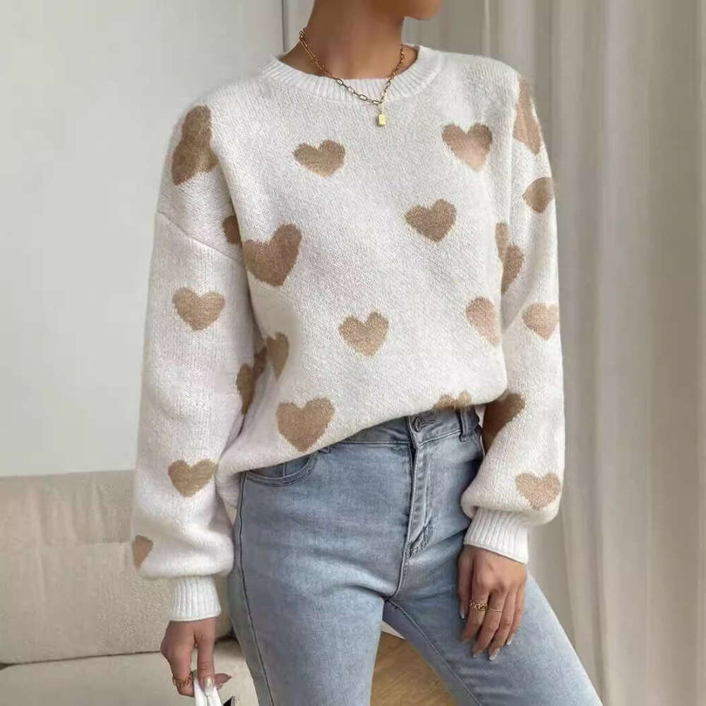 European And American Round Neck Pullover Versatile Love Contrasting Color Loose Casual Knitted Long Sleeved Shirt Slimming Clothes Autumn Women