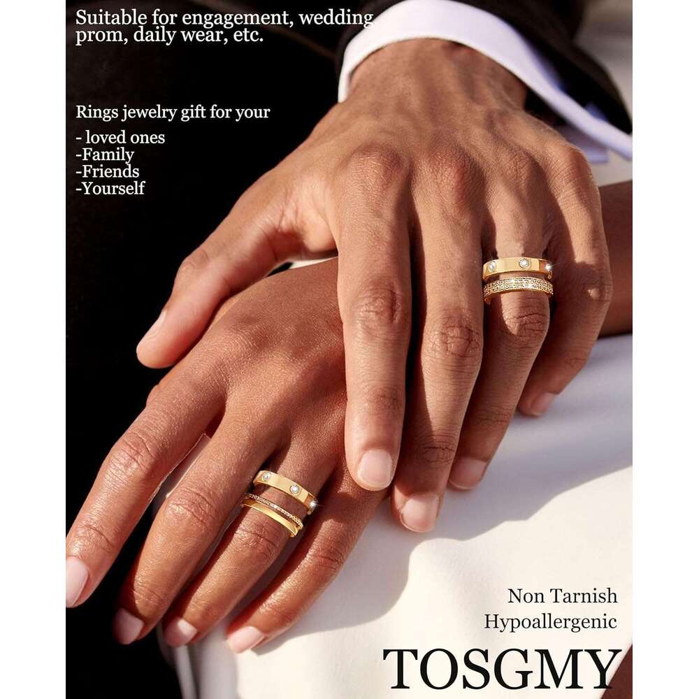 Sier for Women Non Tarnish Stackable Trendy Dainty Gold Plated Stacking Cubic Zirconia Thumb Ring Set Love Friendship Dual Band Promise Wedding Engage