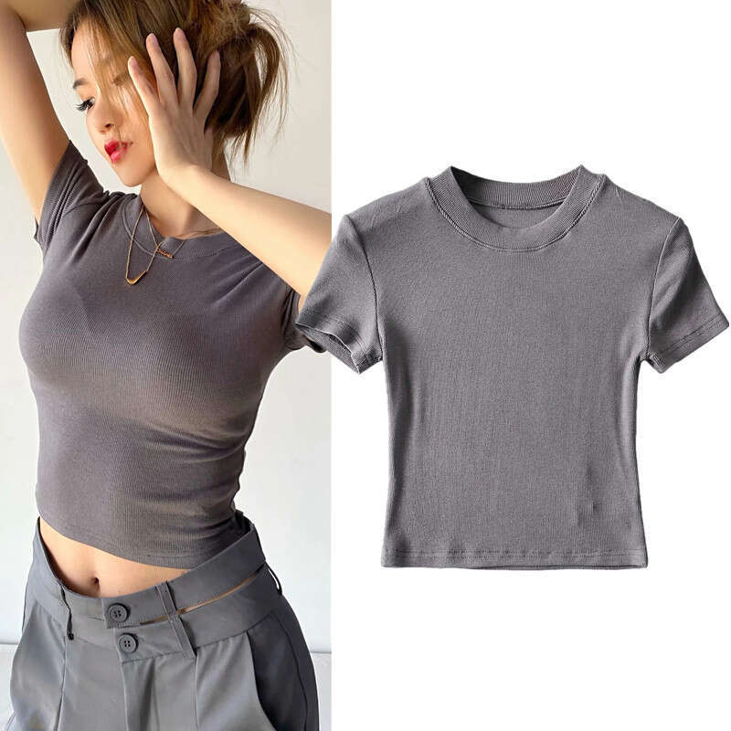 European and American summer 8-color small round neck tight fitting high waist exposed navel sleeved T-shirt for women, short style slimming sports to