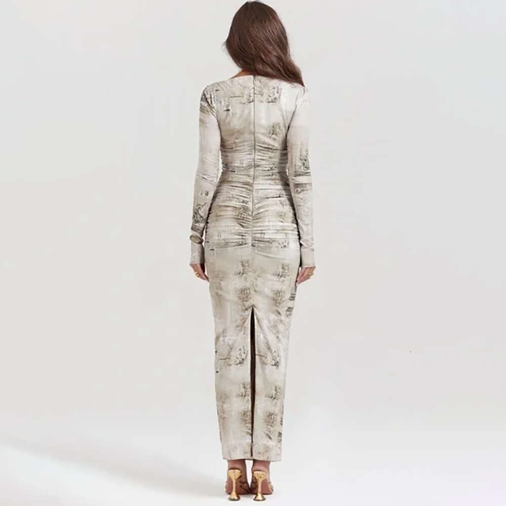 Autumn New European And American Style Slim Fit Dress With Printed Sleeved Design, Slit Long Skirt, Women's Fashion Quality Classic
