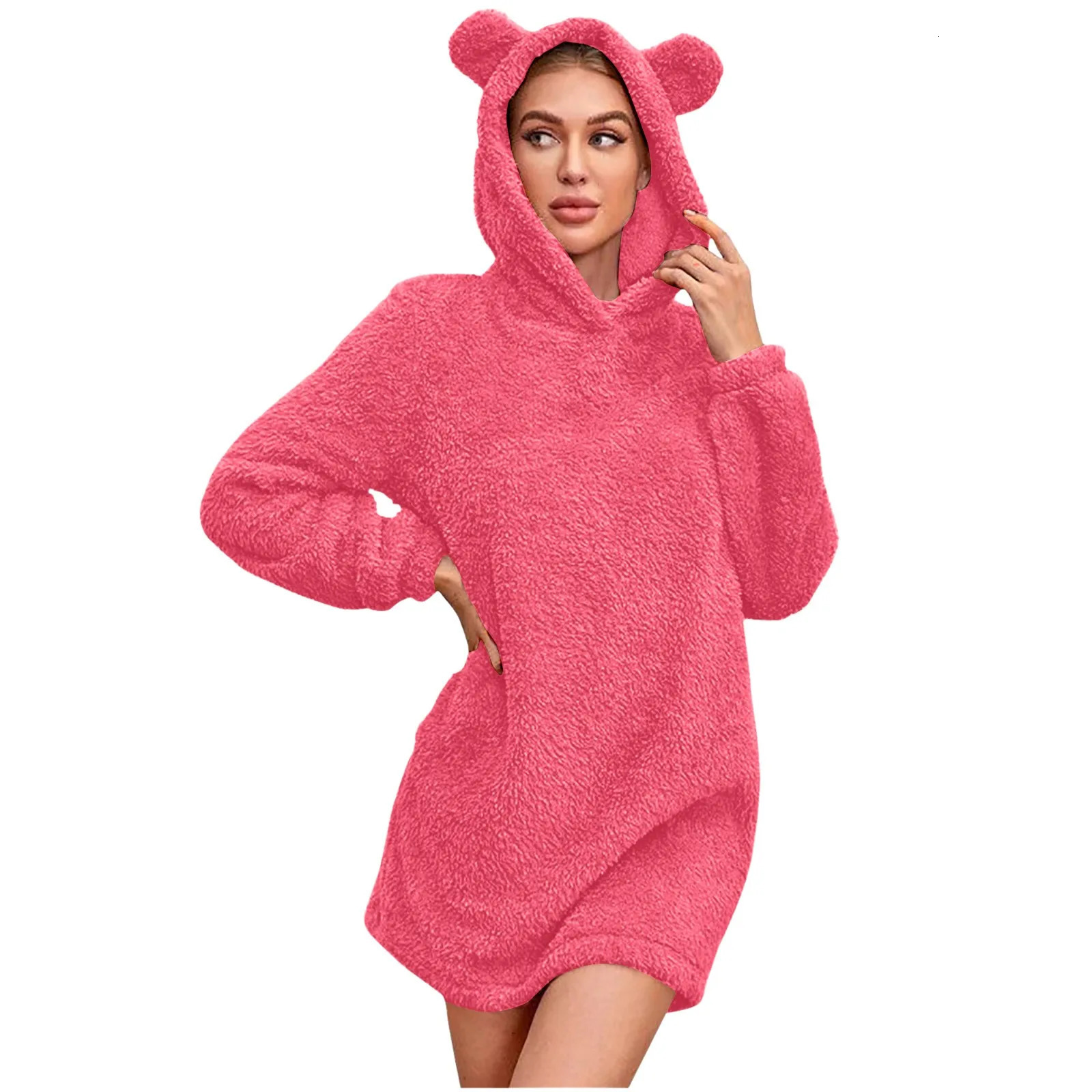 White womens plush hoodie solid color cute autumn wool hoodie long sleeved warm and soft sportswear dress 241214