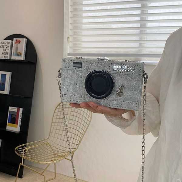 Small bag, women's camera bag, box bag, shiny film, single shoulder small square bag, crossbody chain, single shoulder bag 241215