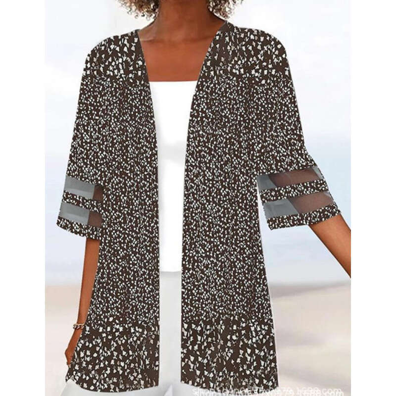European American Women's Spring and Summer Positioning Printed Mid Sleeve Loose Hemp Small Outer Coat 2024 New Casual Fashion Trendy Clothing