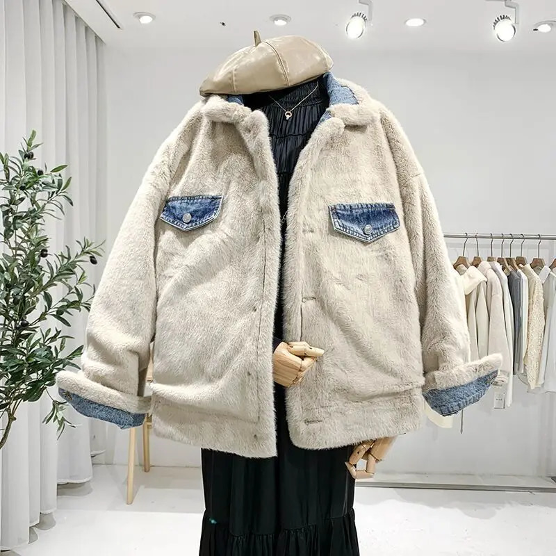 Autumn and winter pure cotton retro style doublesided wearable large fur collar womens denim jacket loose soft 241211