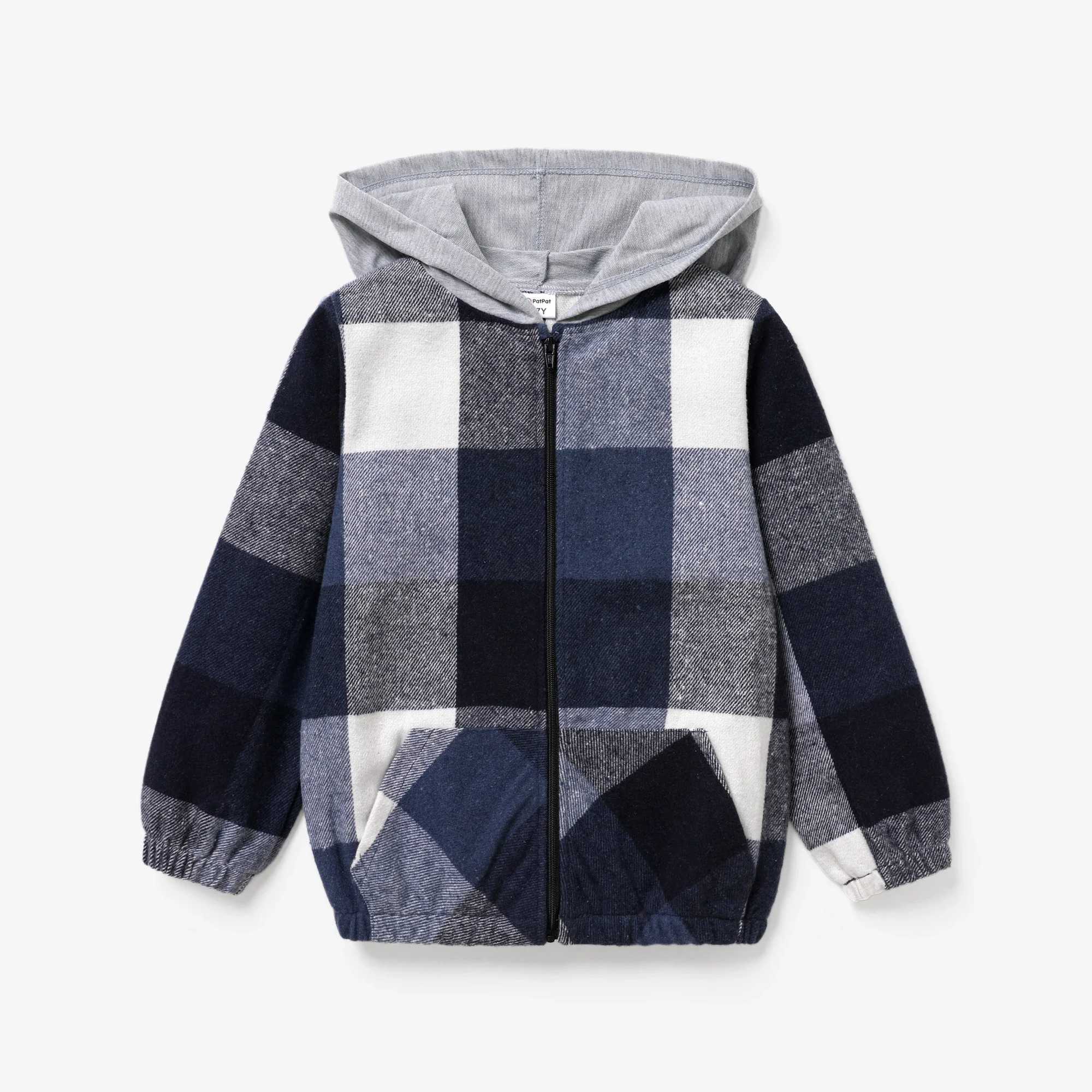 Kid Boy Casual Plaid Pattern Hooded Jacket Soft and Comfortable Perfect for Outings and Daily Wear Basic SleXJ241214