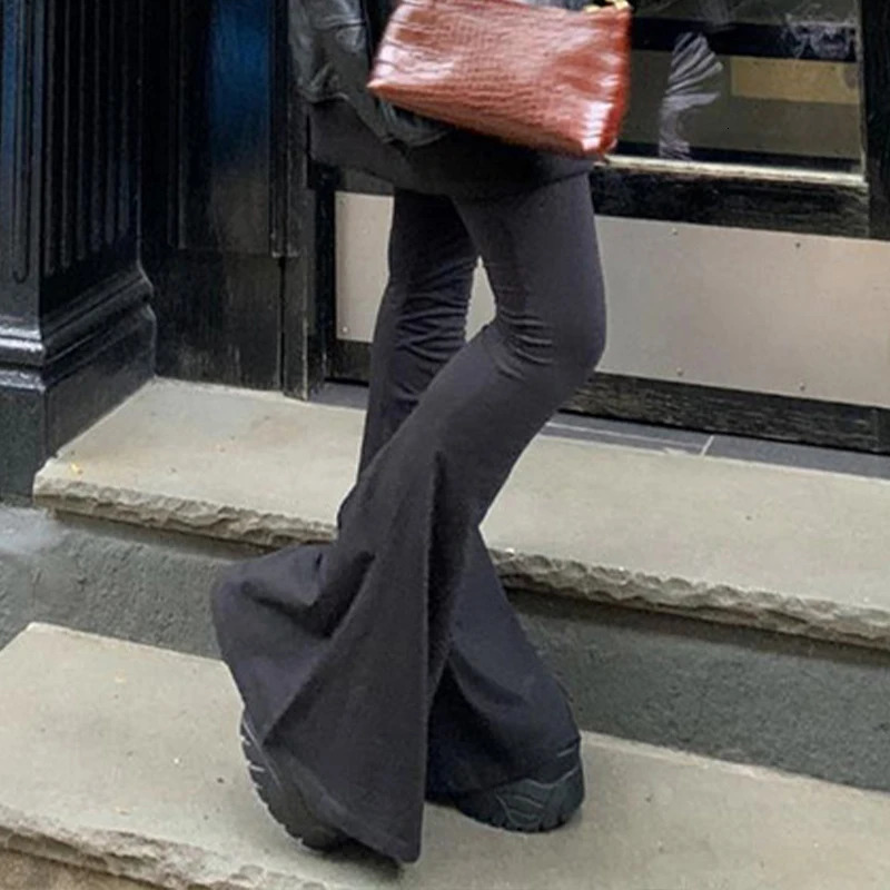 High Street Pants AutumnWinter Solid Fashion Streetwear Flare Trouser Sexy Casual Bodycon Women 241212