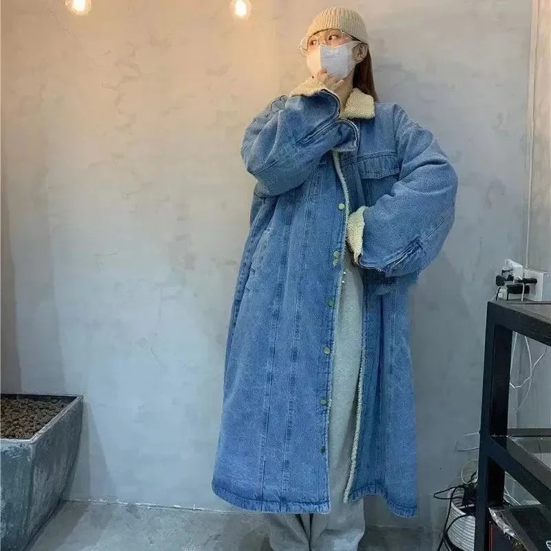 Winter cashmere denim coat womens medium to long Korean version loose and fashionable commuting show thin thick warm cotton 241211