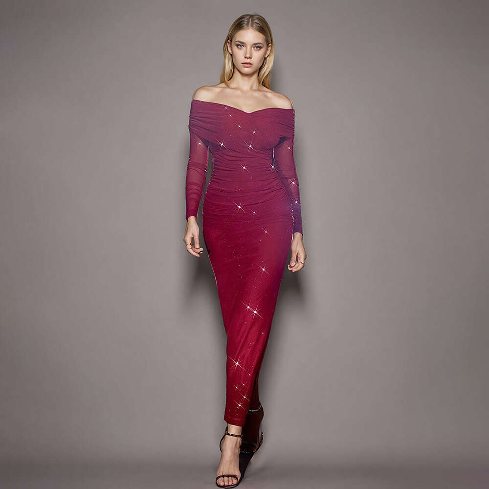 Autumn New European And American Sexy Temperament Style Strapless Sleeved Mesh Toast Long Dress, Fashionable Quality Classic