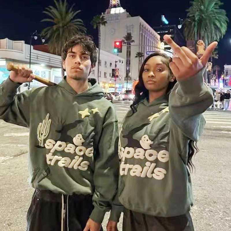 Y2K Strtwear Heart Space Trails Foam Hooded Hoodies Unisex Pullover Loose Casual Flce Sweatshirts for Men Oversized X241216