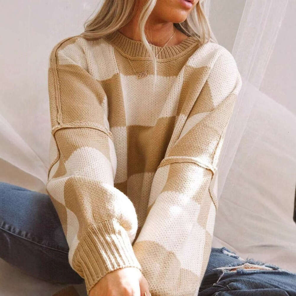 New Autumn Clothes Women's Knitted With Grid Elements Round Neck Loose Sweater From Europe And America