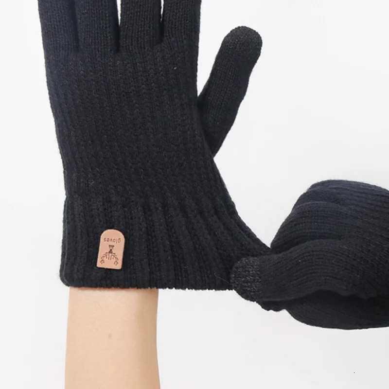Mens Warm Full Finger Gloves Winter Touch Screen Plus Wool Thick Knitted Bicycle Driving 241212