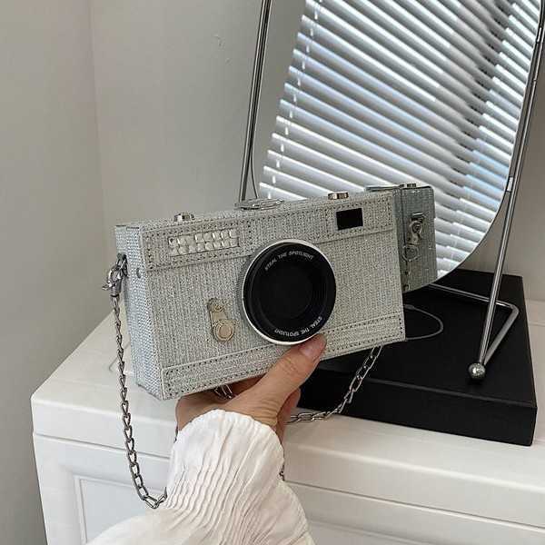 Small bag, women's camera bag, box bag, shiny film, single shoulder small square bag, crossbody chain, single shoulder bag 241215