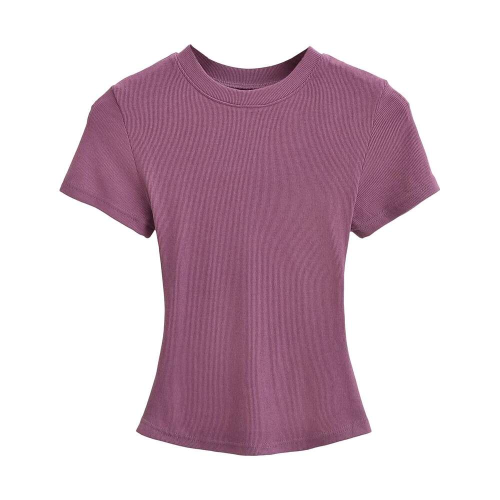 American INS basic elastic slim round neck threaded T-shirt for women's summer high waist tight fit with exposed navel solid color short sleeved 