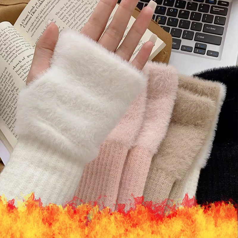2 pairs of mink wool soft winter half finger gloves for women warm and ious pure white plush knitted fingerless 241212