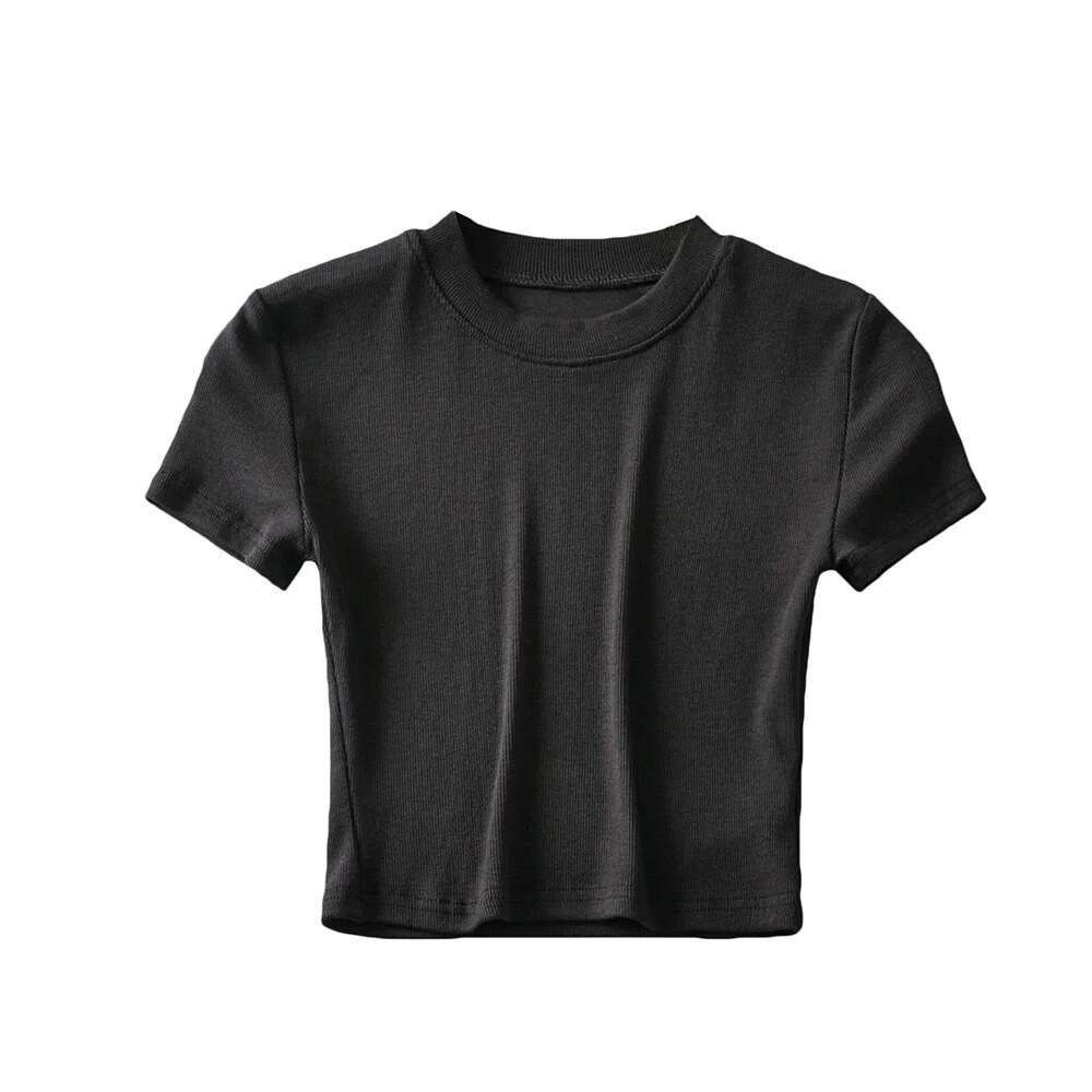 European and American summer 8-color small round neck tight fitting high waist exposed navel sleeved T-shirt for women, short style slimming sports to