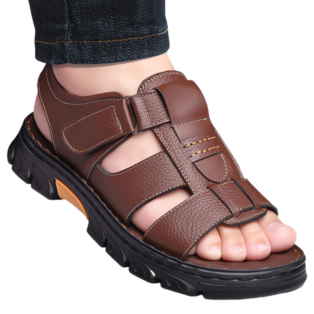 Loveontop Men's New Beach Shoes Cowhide Slippers Outdoor Non-Slip Thick-Soled Leather Sandals For Me