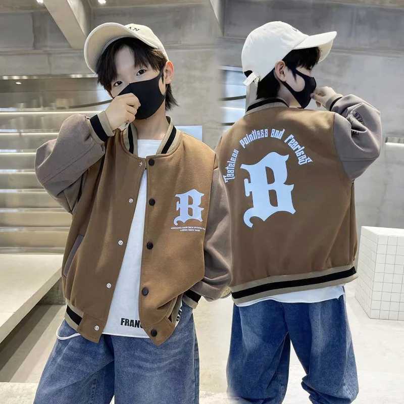 Autumn Spring Baseball Jackets Boys Girls Trends Letters Loose Casual Tops Kids Single Breasted Coats Teenager Fashion ClothingXJ241214