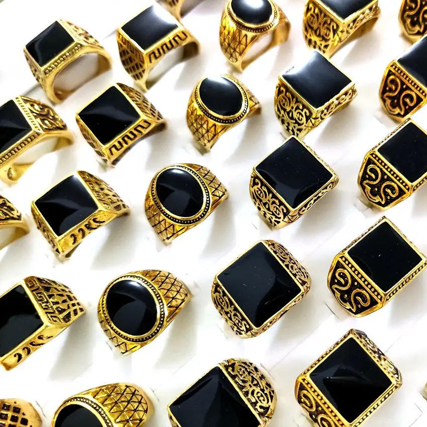 Wholesale 30pcs/lot Mens Black Enamel Gold plated Ring Square Rectangle Oval Shapes Mix lot Vintage Jewelry 241216
