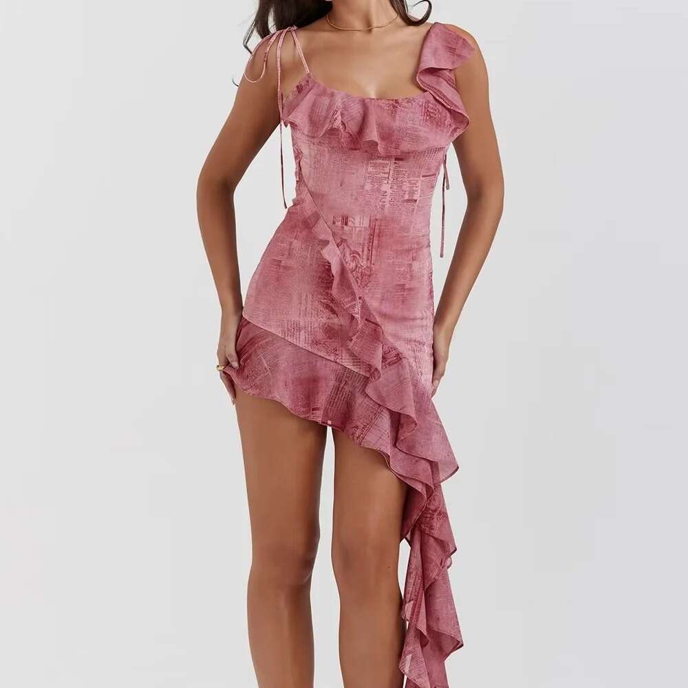 American vacation style irregular ruffle edge ribbon camisole women's lace up dress one-step short skirt 2024 temperament versatile new trend clo