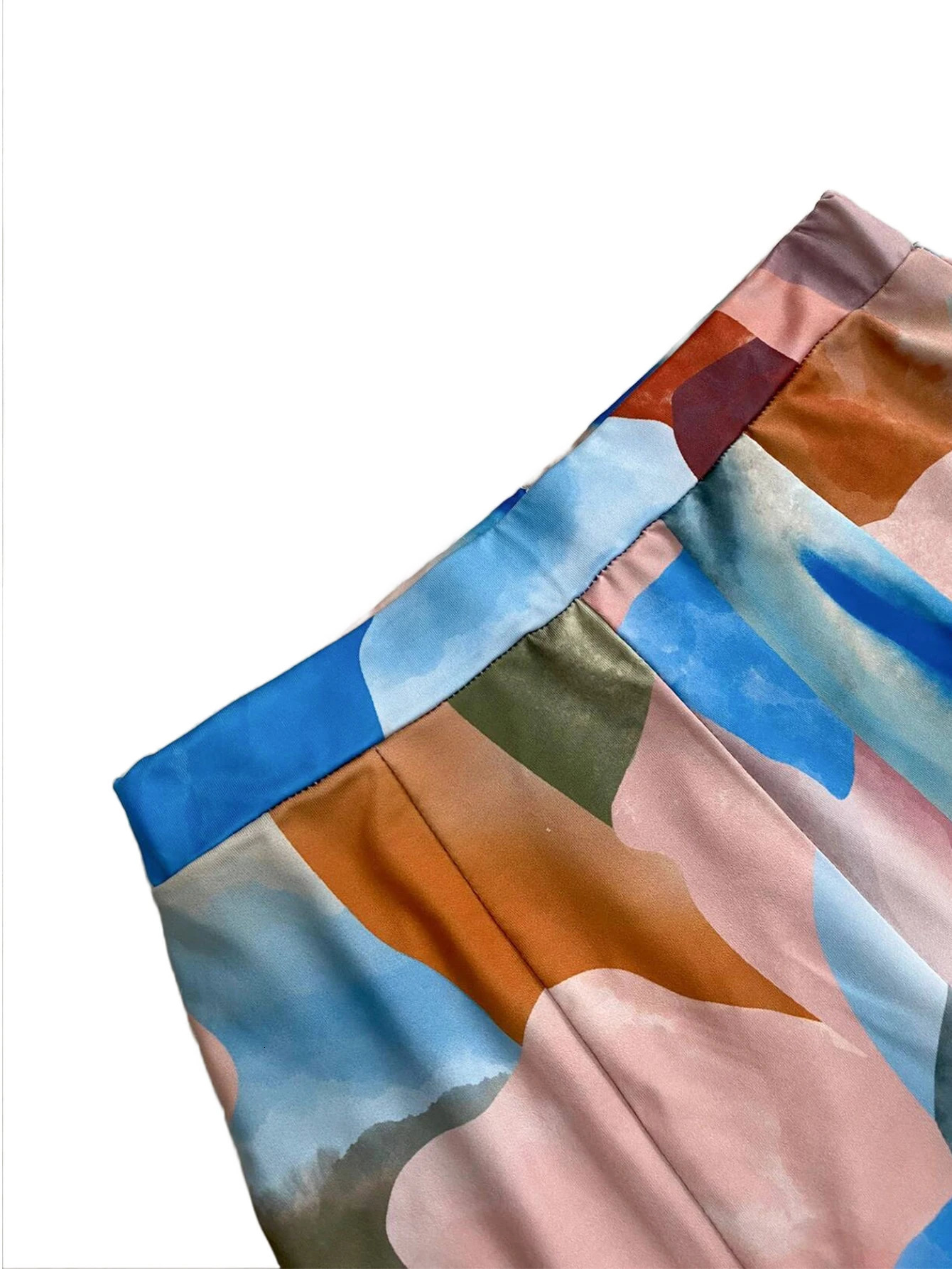 2115 European and American womens fashionable slim sexy pleated mesh patchwork printed pants 241212